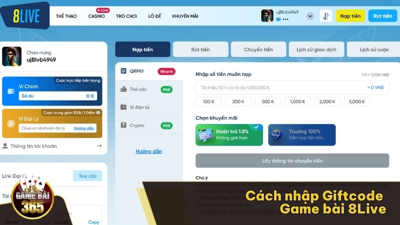 Cách nhập Giftcode Game bài 8Live