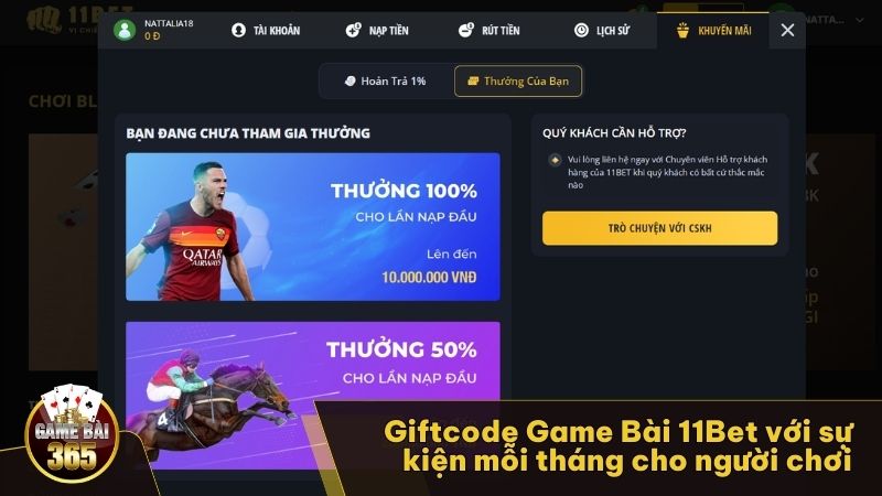 Giftcode Game Bài 11Bet với sự kiện mỗi tháng cho người chơi