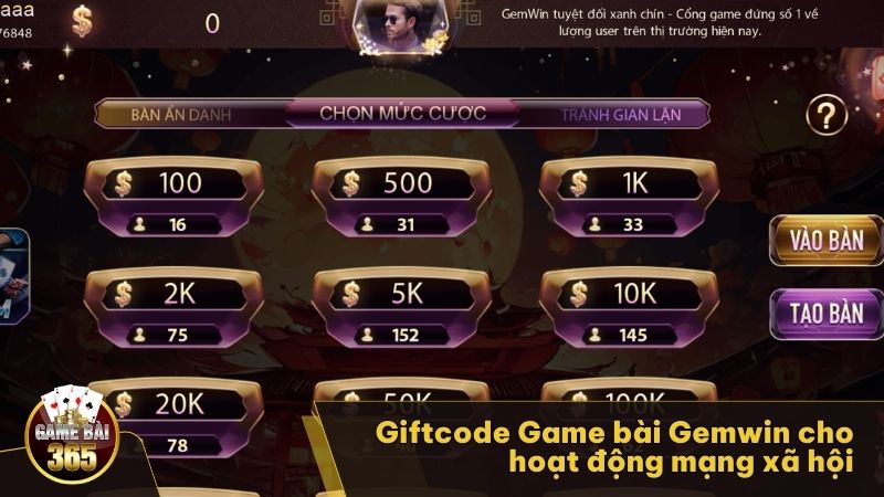 Giftcode Game bài Gemwin cho hoạt động mạng xã hội