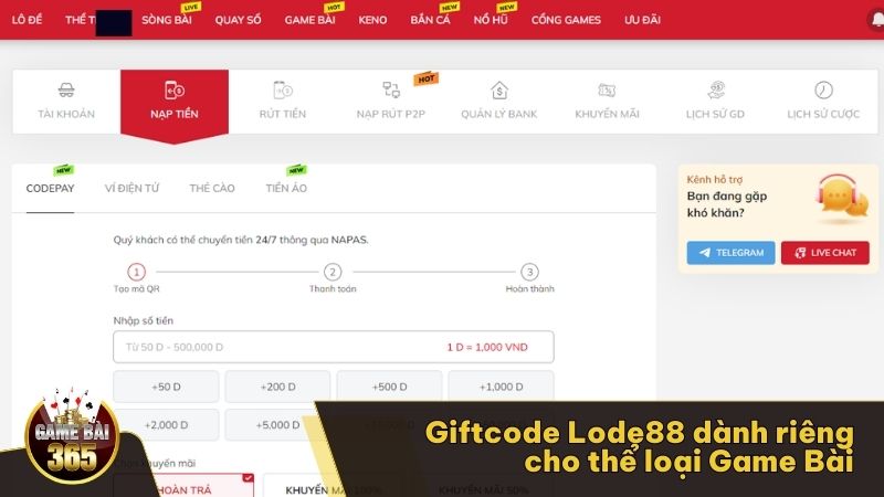 Giftcode Lode88 dành riêng cho thể loại Game Bài